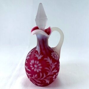 Vintage Fenton Cranberry Opalescent Cruet Daisy and Fern Pattern Satin Finish
